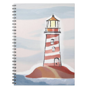 Red and White Lighthouse Beachy Ocean Watercolor Notebook