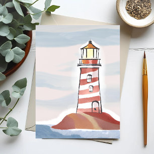 Red and White Lighthouse Beachy Ocean Watercolor Postcard