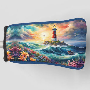 Red and white Lighthouse Floral garden Stormy Sea Golf Head Cover