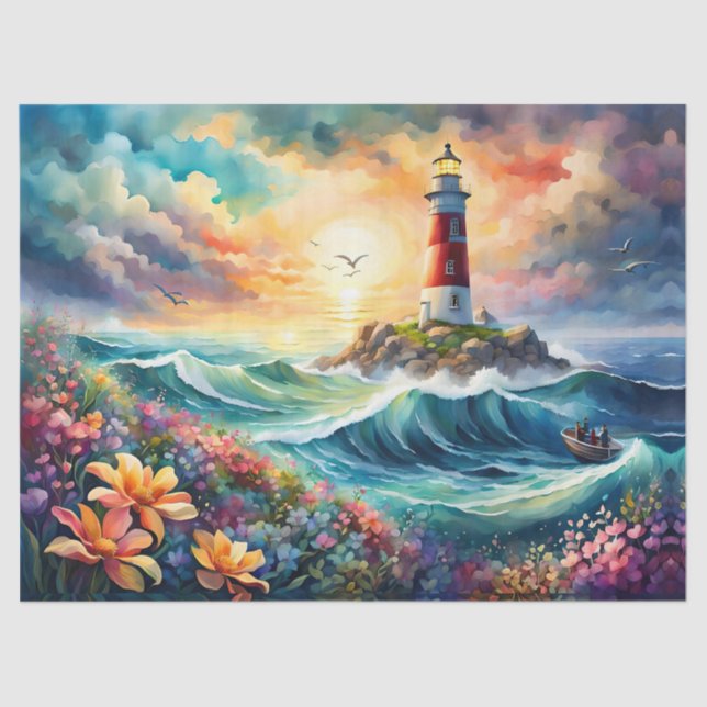 Red and white Lighthouse Floral garden Stormy Sea Tissue Paper (Front)