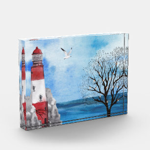 Red and White Lighthouse Nautical Watercolor Scene Photo Block