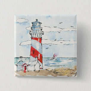 Red and White Lighthouse Scene 15 Cm Square Badge