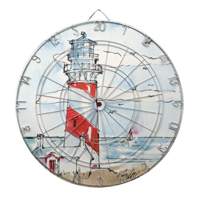 Red and White Lighthouse Scene Dartboard (Front)