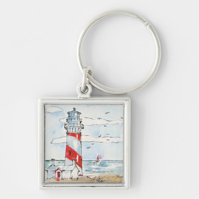Red and White Lighthouse Scene Key Ring (Front)