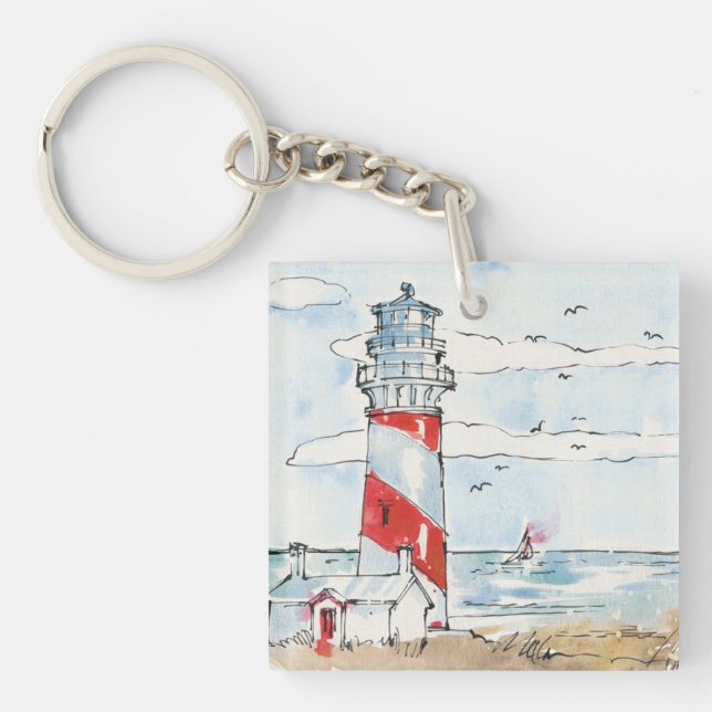 Red and White Lighthouse Scene Key Ring (Front)