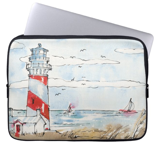 Red and White Lighthouse Scene Laptop Sleeve (Front)