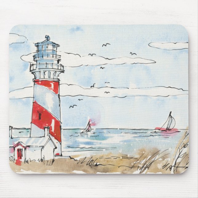Red and White Lighthouse Scene Mouse Mat (Front)