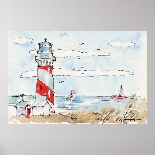 Red and White Lighthouse Scene Poster (Front)
