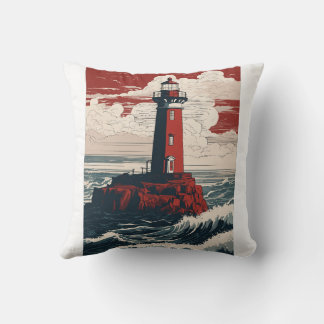 Red and White Lighthouse Standing on a Rocky Outcr Cushion