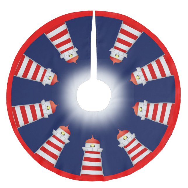 Red and White Lighthouses on Navy Blue Brushed Polyester Tree Skirt (Front)