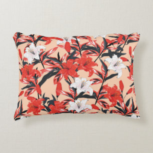 Red and white Lily flowers botanical seamless patt Decorative Cushion
