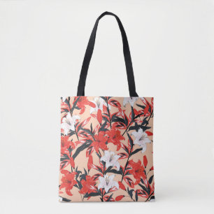 Red and white Lily flowers botanical seamless patt Tote Bag