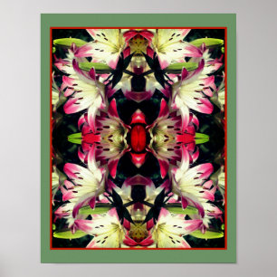 Red And White Lily Flowers Mirror Abstract Poster