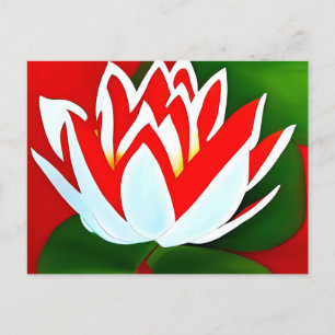 Red and white lotus flower with green leaves postcard