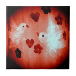 Red and White Love Birds Dove Tile