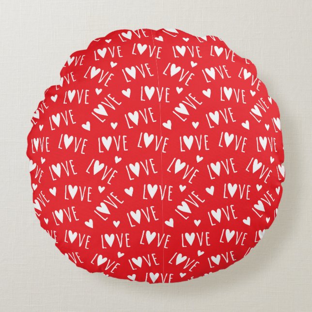 Red and White LOVE Script Round Cushion (Front)