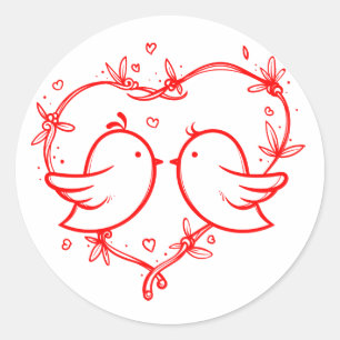Red And White Lovebirds & Heart Wedding Engagement Classic Round Sticker