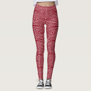 Red and White Maze African Mud Cloth Leggings