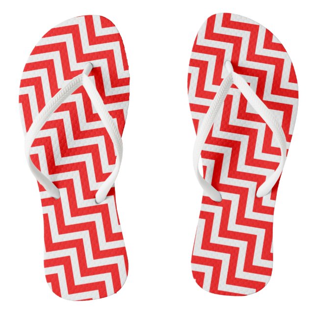 Red and White Medium Diagonal Chevron Stripes Flip Flops (Footbed)