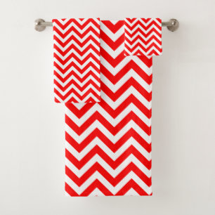 Red and White Medium Horizontal Chevron Stripes Bath Towel Set