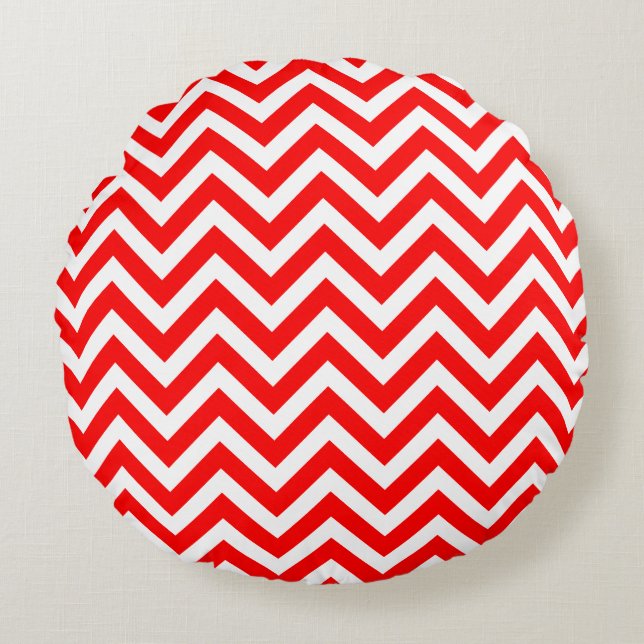 Red and White Medium Size Chevron Stripes Round Cushion (Front)