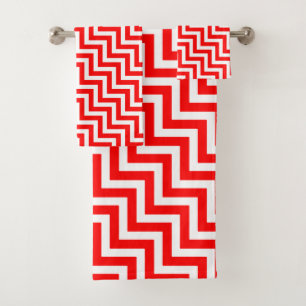 Red and White Medium Size Diagonal Chevron Bath Towel Set