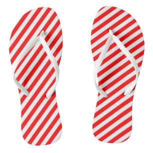 Red and White Medium Size Diagonal Stripes Flip Flops