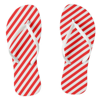 Red and White Medium Size Diagonal Stripes Flip Flops