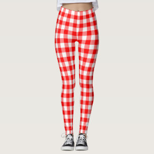Red and White Medium Size Gingham Checks Leggings