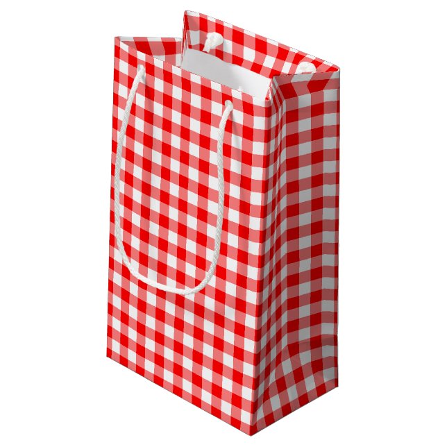 Red and White Medium Size Gingham Checks Small Gift Bag (Back Angled)