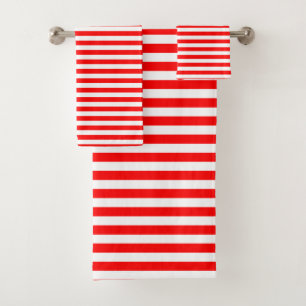 Red and White Medium Size Horizontal Stripes Bath Towel Set