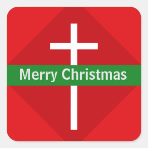 Red and White Merry Christmas Christian Cross Square Sticker