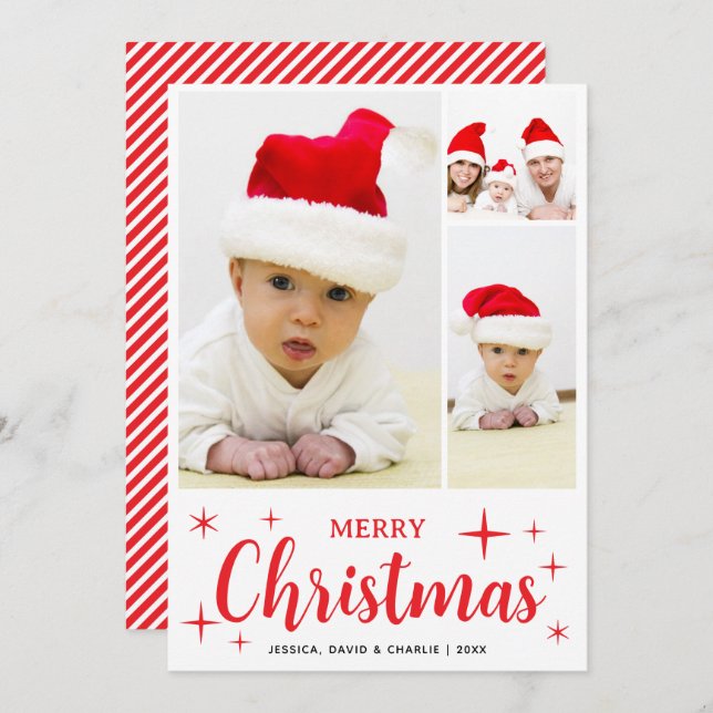 Red and White Merry Christmas Family Photo Collage Holiday Card (Front/Back)