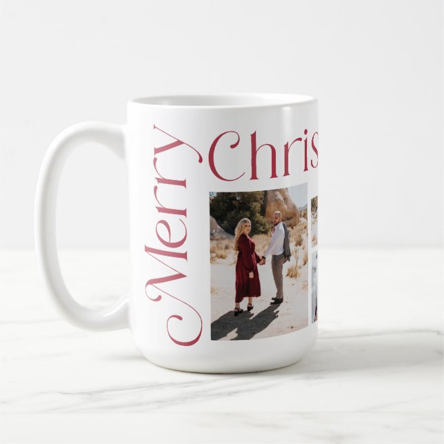 Red and White Merry Christmas Modern Type Photo Coffee Mug (Left)