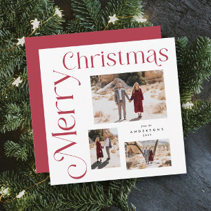 Red and White Merry Christmas Modern Type Photo Holiday Card