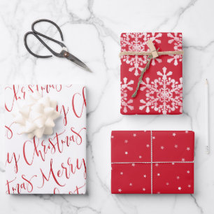 Red And White Merry Christmas Snowflakes star Wrapping Paper Sheet