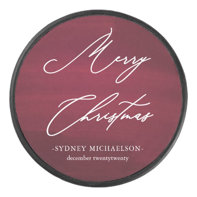 Red and White Merry Christmas with Name and Year Hockey Puck (Front)