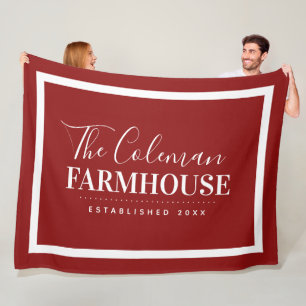 Red and White Modern Farmhouse Family Monogram Fleece Blanket