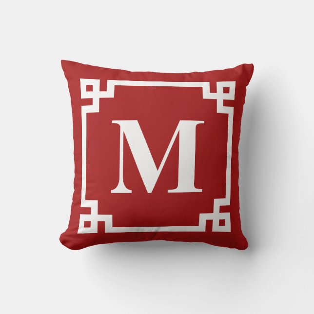 Red and White Modern Greek Key Border Monogram Cushion (Front)
