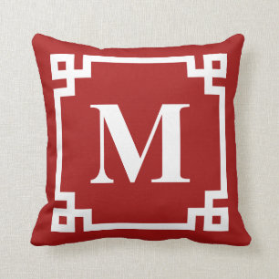 Red and White Modern Greek Key Border Monogram Cushion