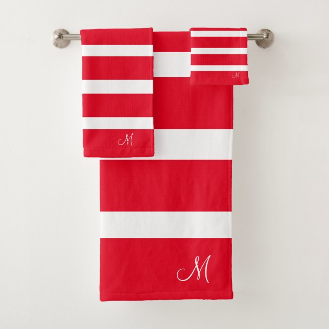 Red and White Modern Stripes Monogrammed Bath Towel Set (Insitu)