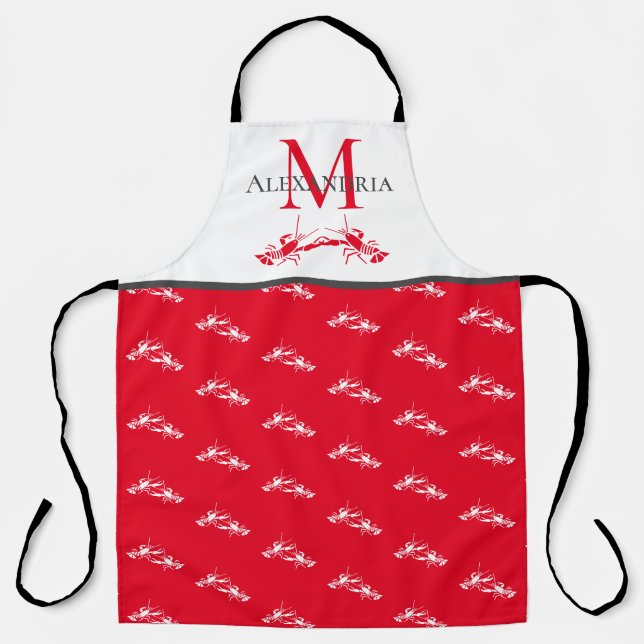 Red and White Monogram Name Lobster Pattern  Apron (Front)