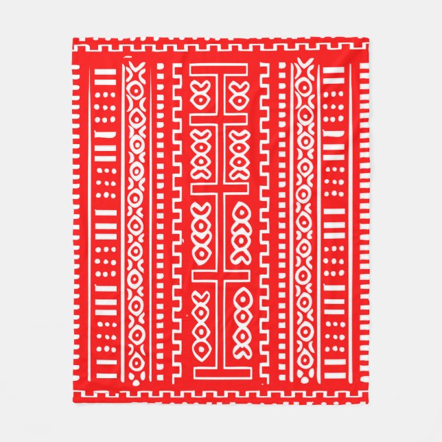 Red and White Mud Cloth Fleece Blanket, 50"x60" (Front)
