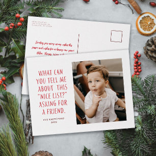Red and White Nice List Asking for a Friend Funny Holiday Postcard