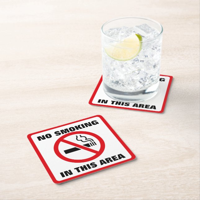 Red and White No Smoking Square Paper Coaster (Insitu)