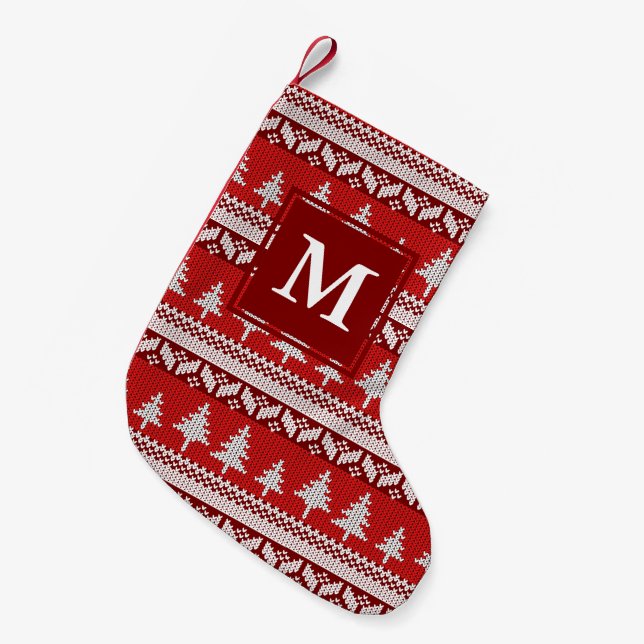Red and White Nordic Alpine Fir Trees Monogram Small Christmas Stocking (Front (Hanging))
