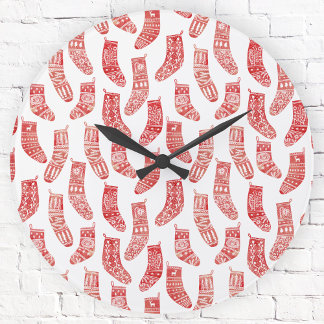 Red and White Nordic Christmas Stockings Round Clock
