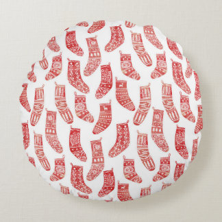 Red and White Nordic Christmas Stockings Round Cushion