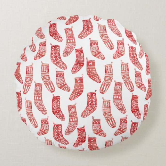 Red and White Nordic Christmas Stockings Round Cushion (Front)