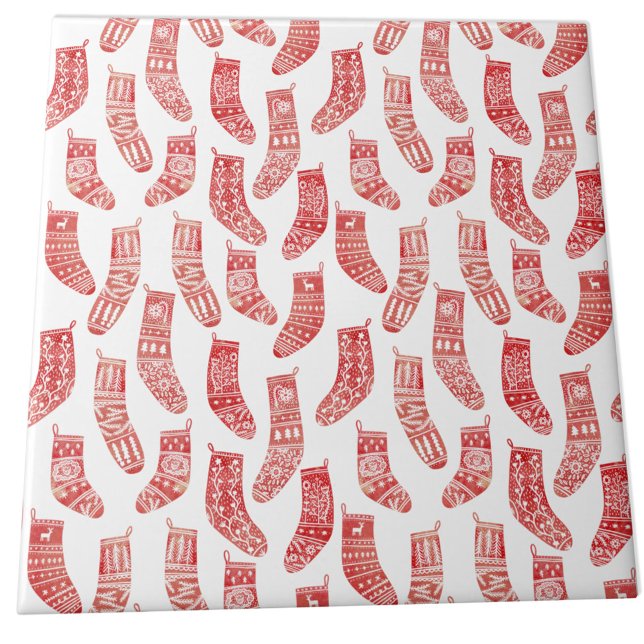 Red and White Nordic Christmas Stockings Tile (Nordic Stockings red and white Scandinavian festive Christmas pattern ceramic tile)
